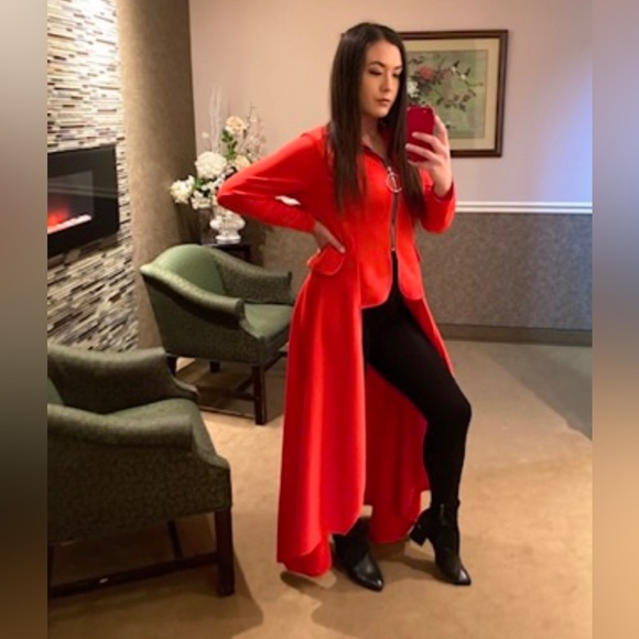 Haoohu Red Zip-Up Floor Length Long Sleeve Stretch Trendy Boho Cape Maxi Hi Low - Picture 2 of 8